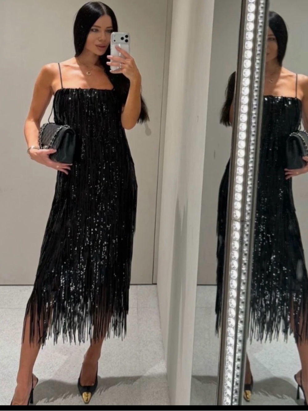 🔥🔥Zara Black Sequin Fringe Slip Dress - Elegant Evening Style